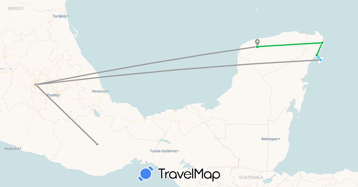 TravelMap itinerary: driving, bus, plane, boat in Mexico (North America)